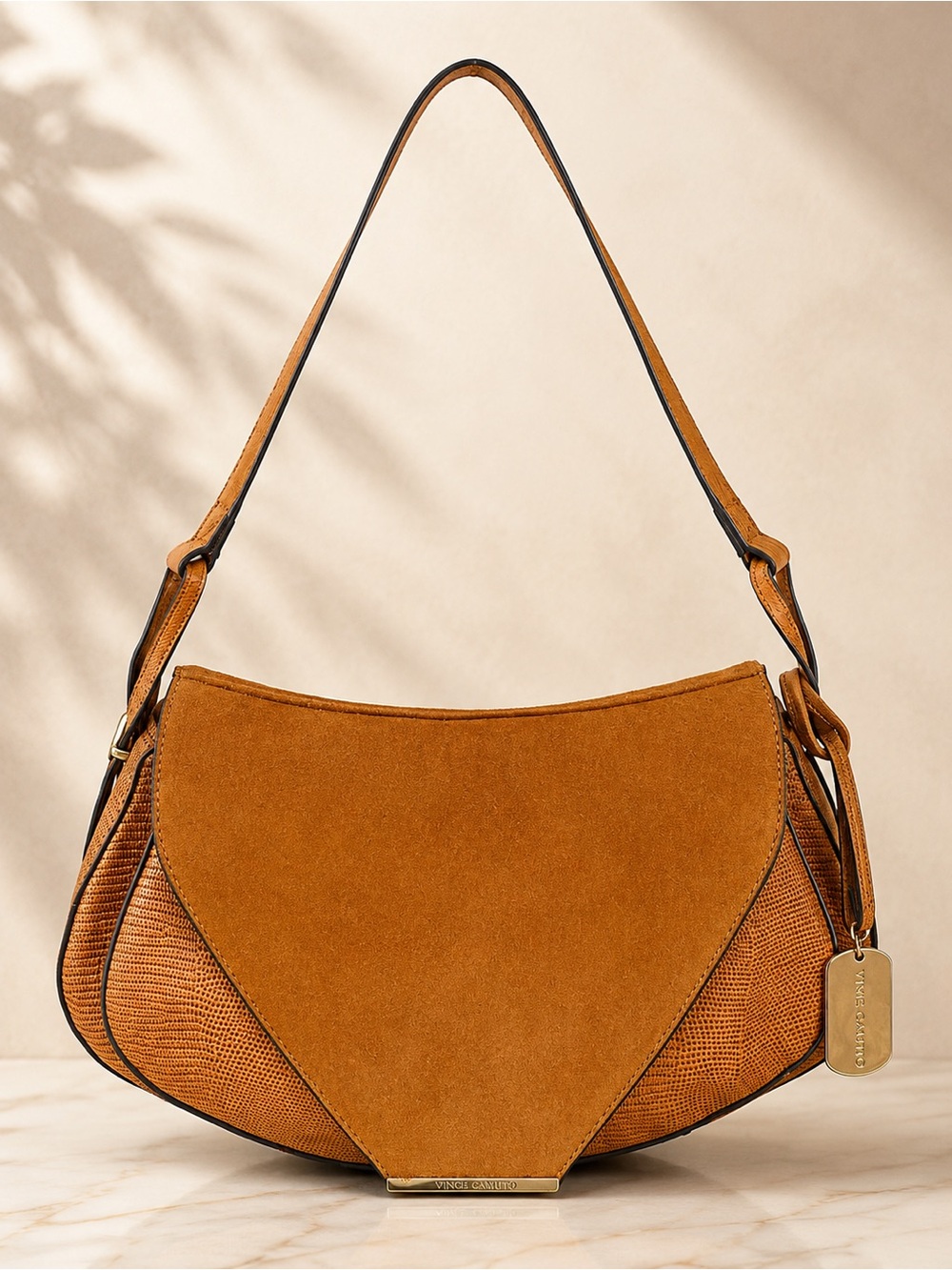 Vince Camuto Brown Suede Leather Lizard Embossed Shoulder Hobo Bag